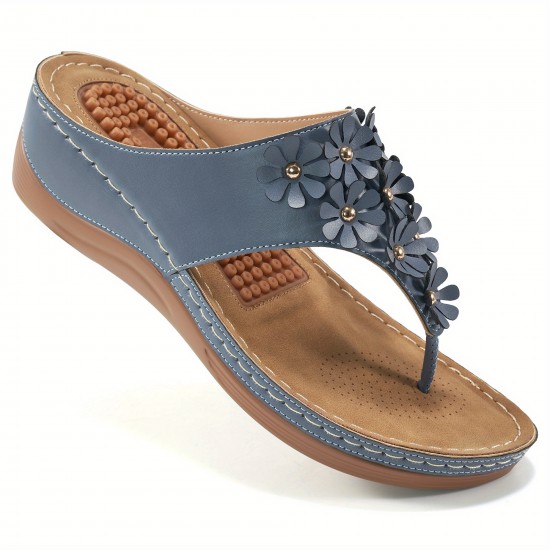 Women's Flower Decor Flip Flops, Casual Soft Sole Massage Slide Sandals With Arch Supports, Outdoor Non Slip Sandals