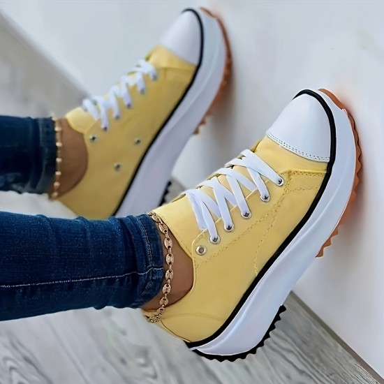 Women's Platform Canvas Sneakers, Casual Solid Color Lace Up Trainers, All-Match Walking Sports Shoes