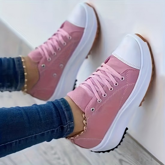 Women's Platform Canvas Sneakers, Solid Color Lace Up Low Top Trainers, Casualall-Match Walking Shoes