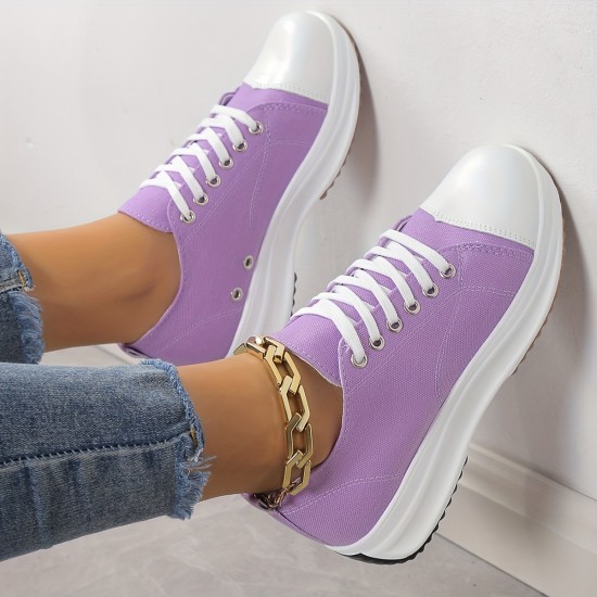 Women's Platform Canvas Sneakers, Solid Color Lace Up Low Top Trainers, Casualall-Match Walking Shoes