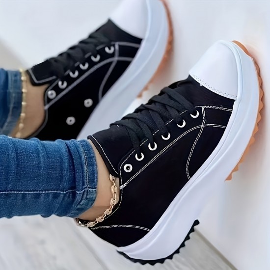 Women's Solid Color Trendy Sneakers, Lace Up Soft Sole Platform Casual Walking Shoes, Versatile Low-top Canvas Shoes