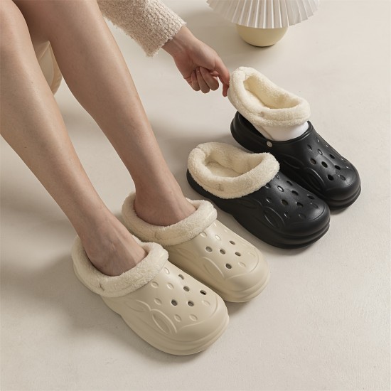 Solid Color Warm Lined Clogs, Slip On Soft Sole Platform Closed Toe Plush Shoes, Winter Non-slip Fuzzy Shoes