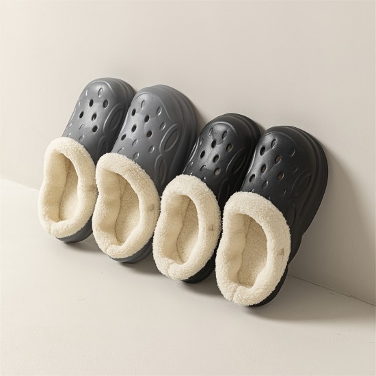 Solid Color Warm Lined Clogs, Slip On Soft Sole Platform Closed Toe Plush Shoes, Winter Non-slip Fuzzy Shoes