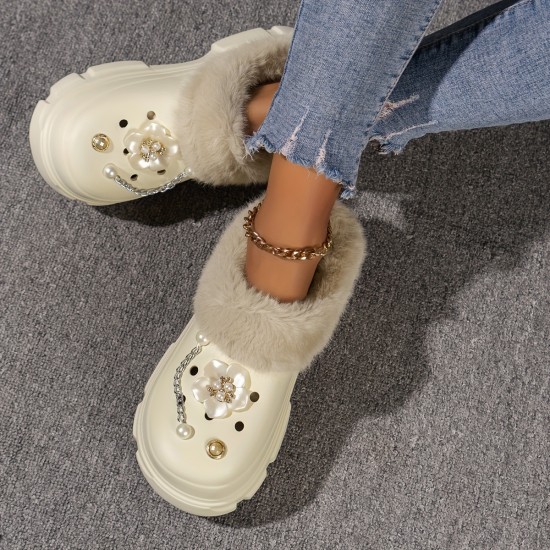 Women's Rhinestone & Chaine Decor Clogs, Closed Toe Soft Sole Platform Warm Lined Shoes, Winter Non-slip Plush Shoes