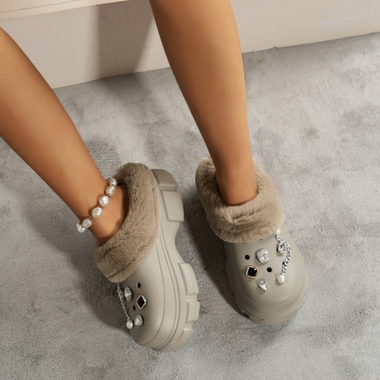 Women's Rhinestone & Chaine Decor Clogs, Closed Toe Soft Sole Platform Warm Lined Shoes, Winter Non-slip Plush Shoes