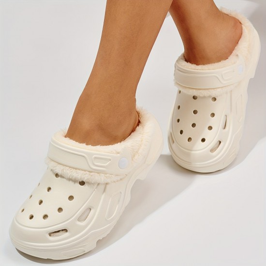 Women's Hollow Out Design Platform Clogs, Casual Slip On Plush Lined Garden Shoes, Women's Comfortable Shoes
