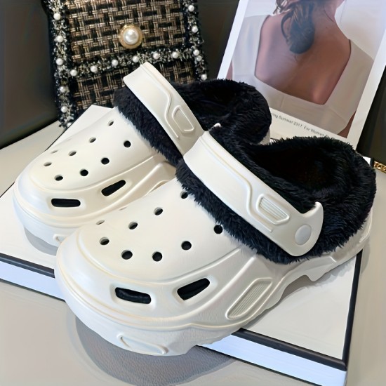 Solid Color Fluffy Detachable Clogs, Soft Sole Platform Thermal Lined EVA Shoes, Non-slip Closed Toe Plush Warm Slippers