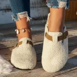 Women's Solid Color Fuzzy Mules, Slip On Soft Sole Lined Warm Shoes, Winter Non-slip Plush Shoes