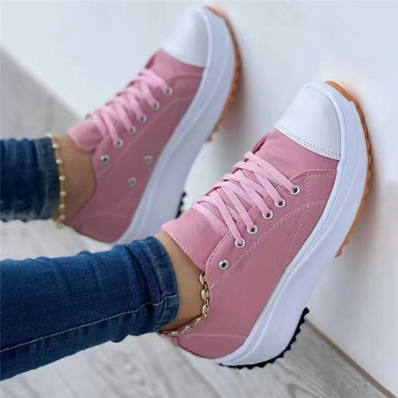 womens platform canvas sneakers solid color lace up low top trainers casualall match walking shoes details 5