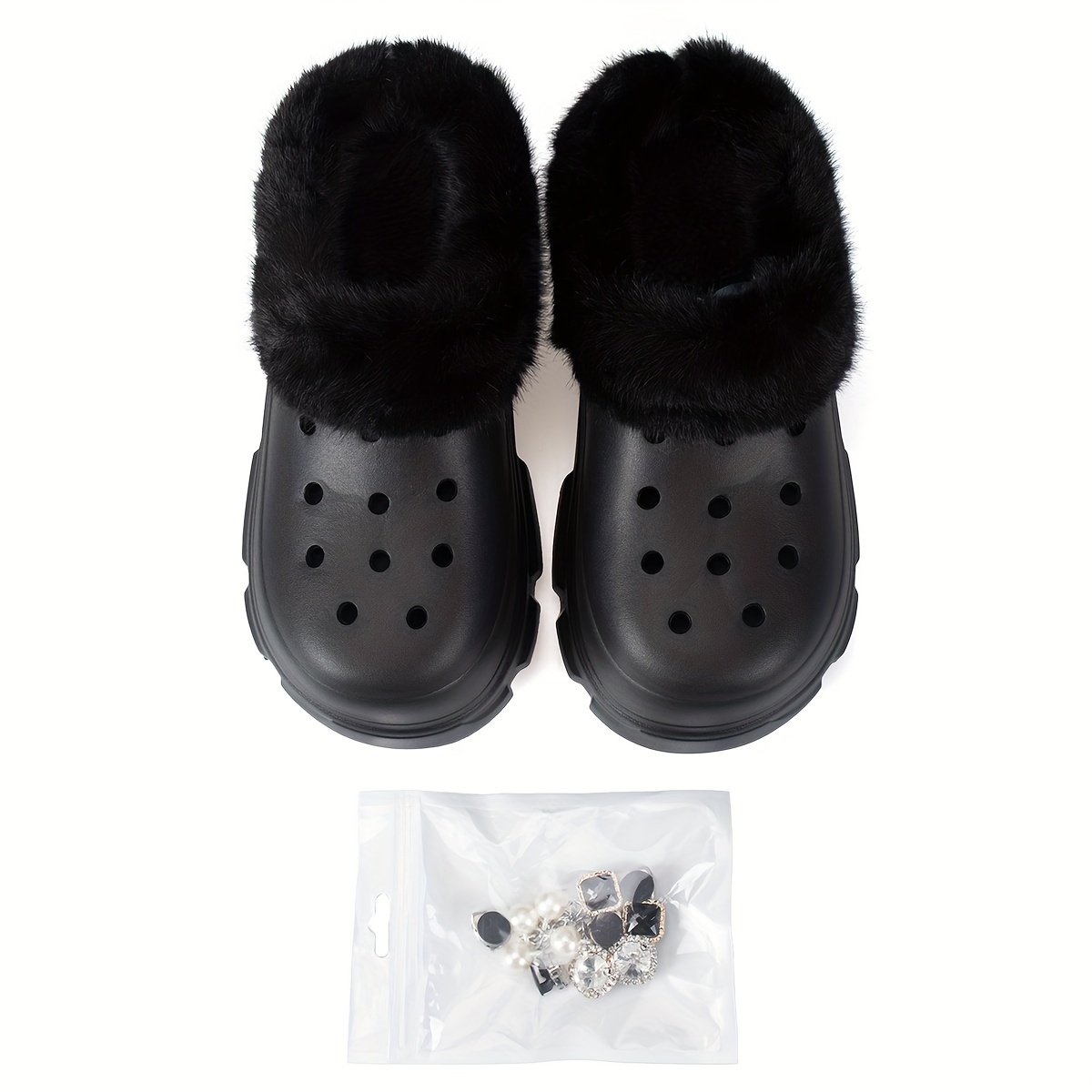 womens rhinestone chaine decor clogs closed toe soft sole platform warm lined shoes winter non slip plush shoes details 14