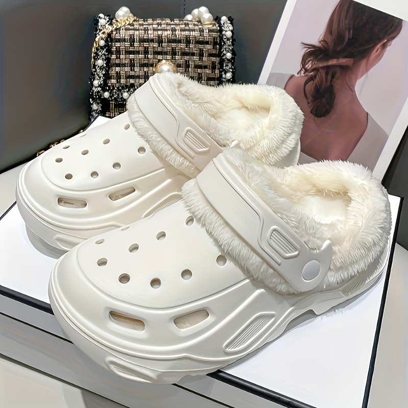 Solid Color Fluffy Detachable Clogs, Soft Sole Platform Thermal Lined EVA Shoes, Non-slip Closed Toe Plush Warm Slippers details 5