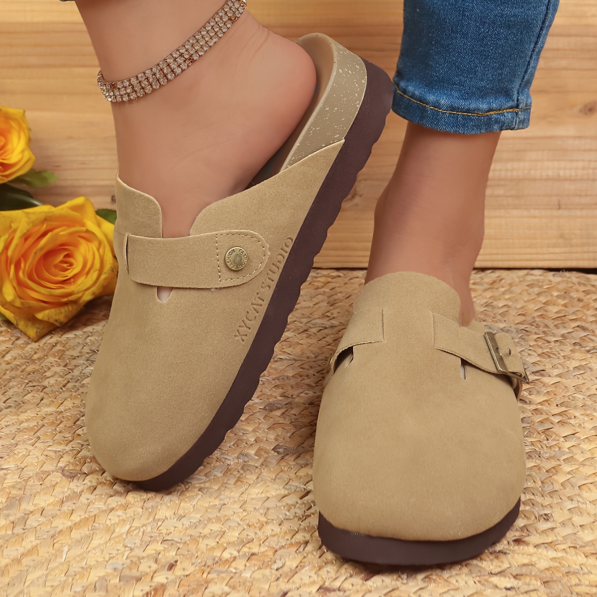 retro flat mules, womens retro flat mules solid color closed toe buckle strap slide shoes all match outdoor slides details 2