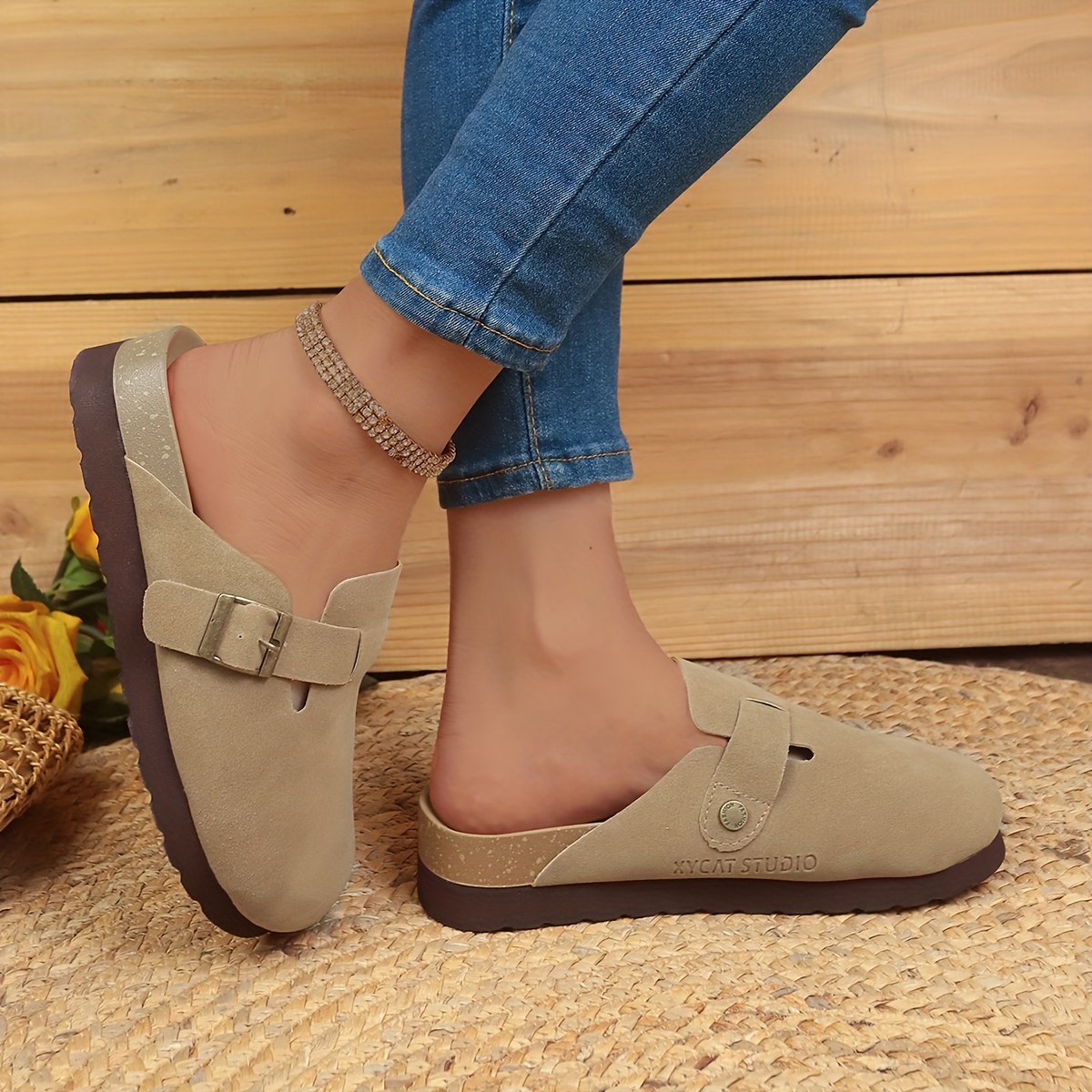 retro flat mules, womens retro flat mules solid color closed toe buckle strap slide shoes all match outdoor slides details 5