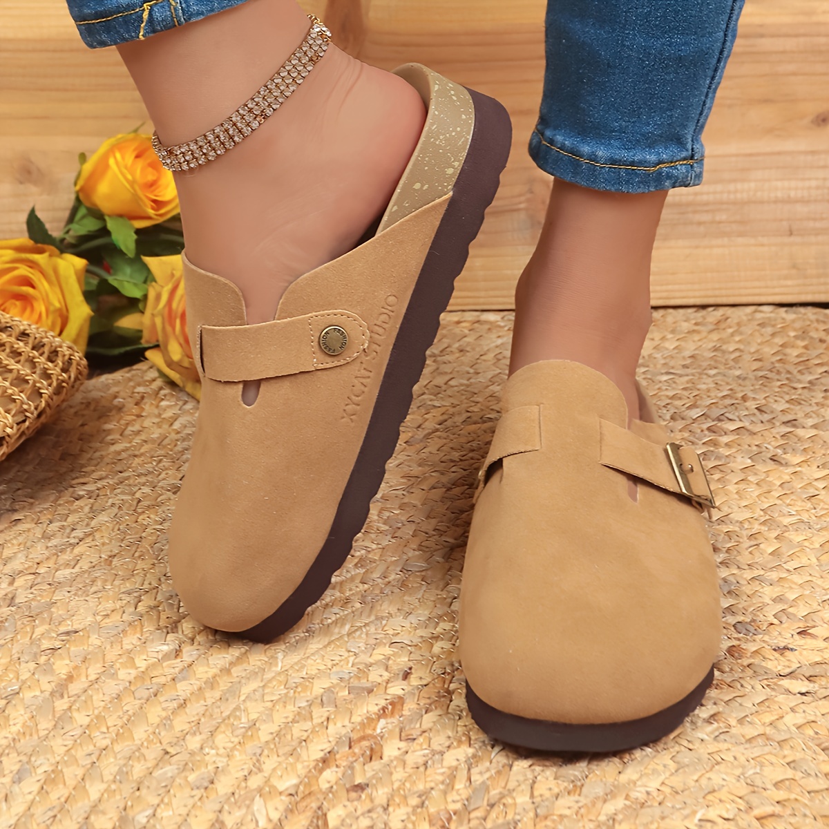 retro flat mules, womens retro flat mules solid color closed toe buckle strap slide shoes all match outdoor slides details 9