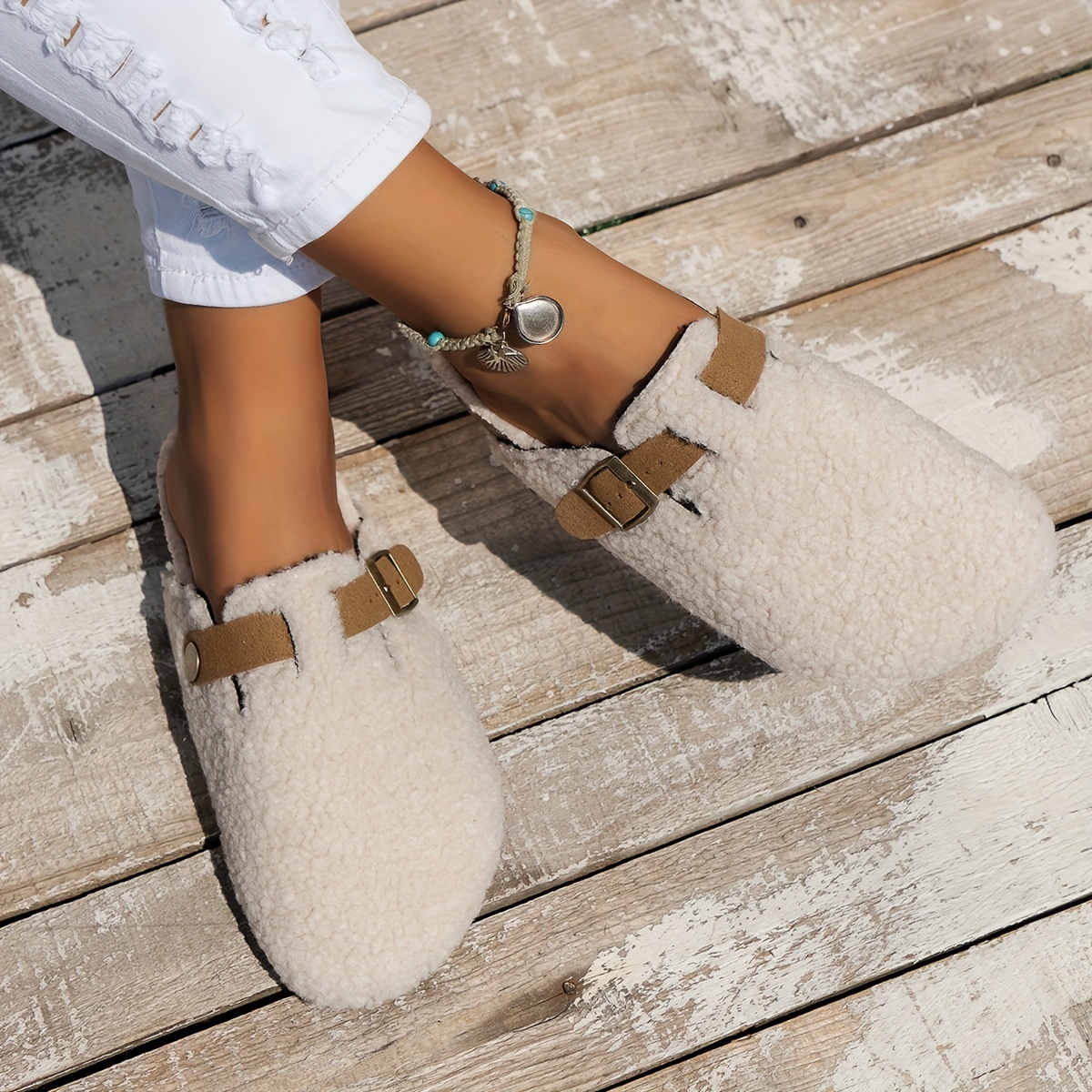 womens solid color fuzzy mules slip on soft sole lined warm shoes winter non slip plush shoes details 2