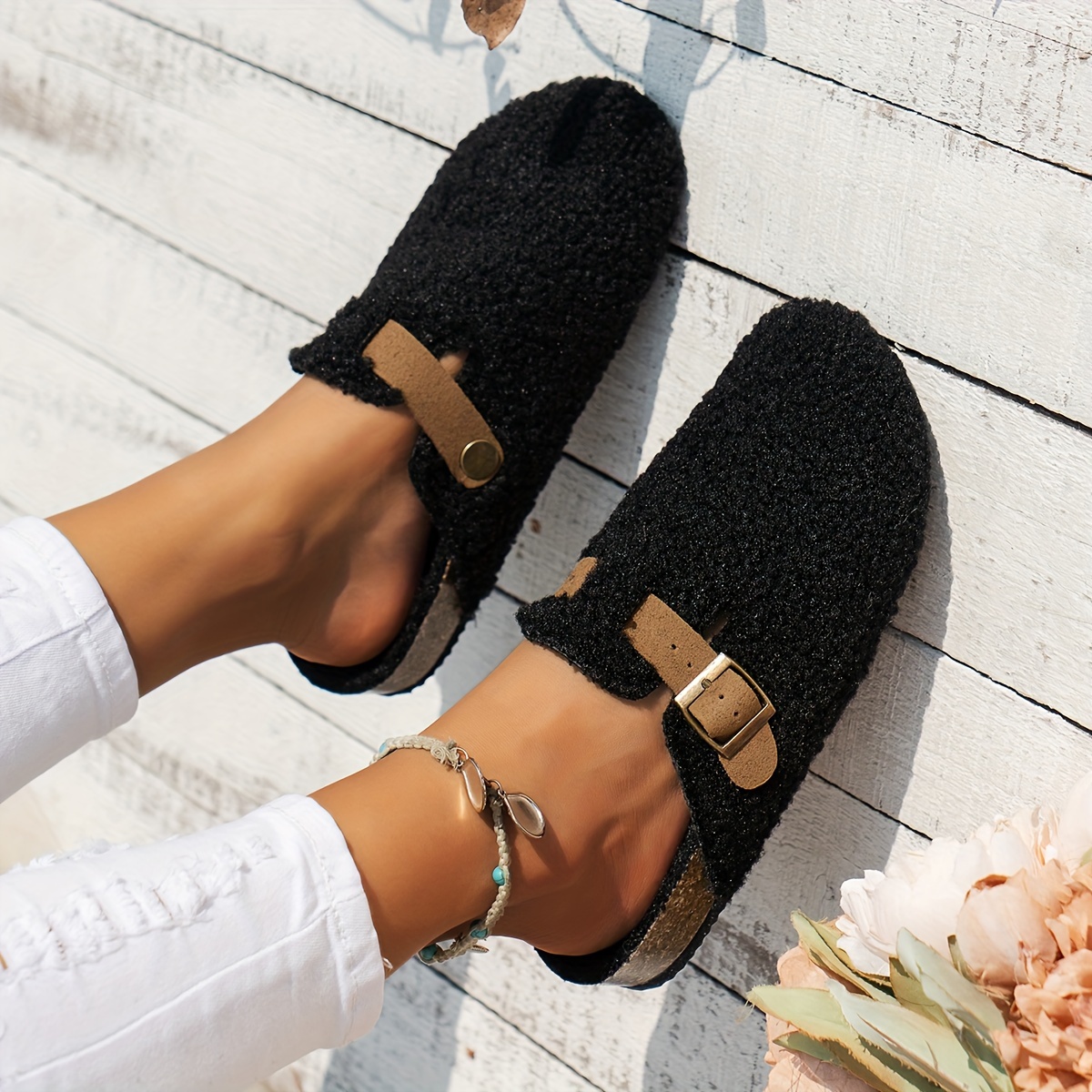 womens solid color fuzzy mules slip on soft sole lined warm shoes winter non slip plush shoes details 8