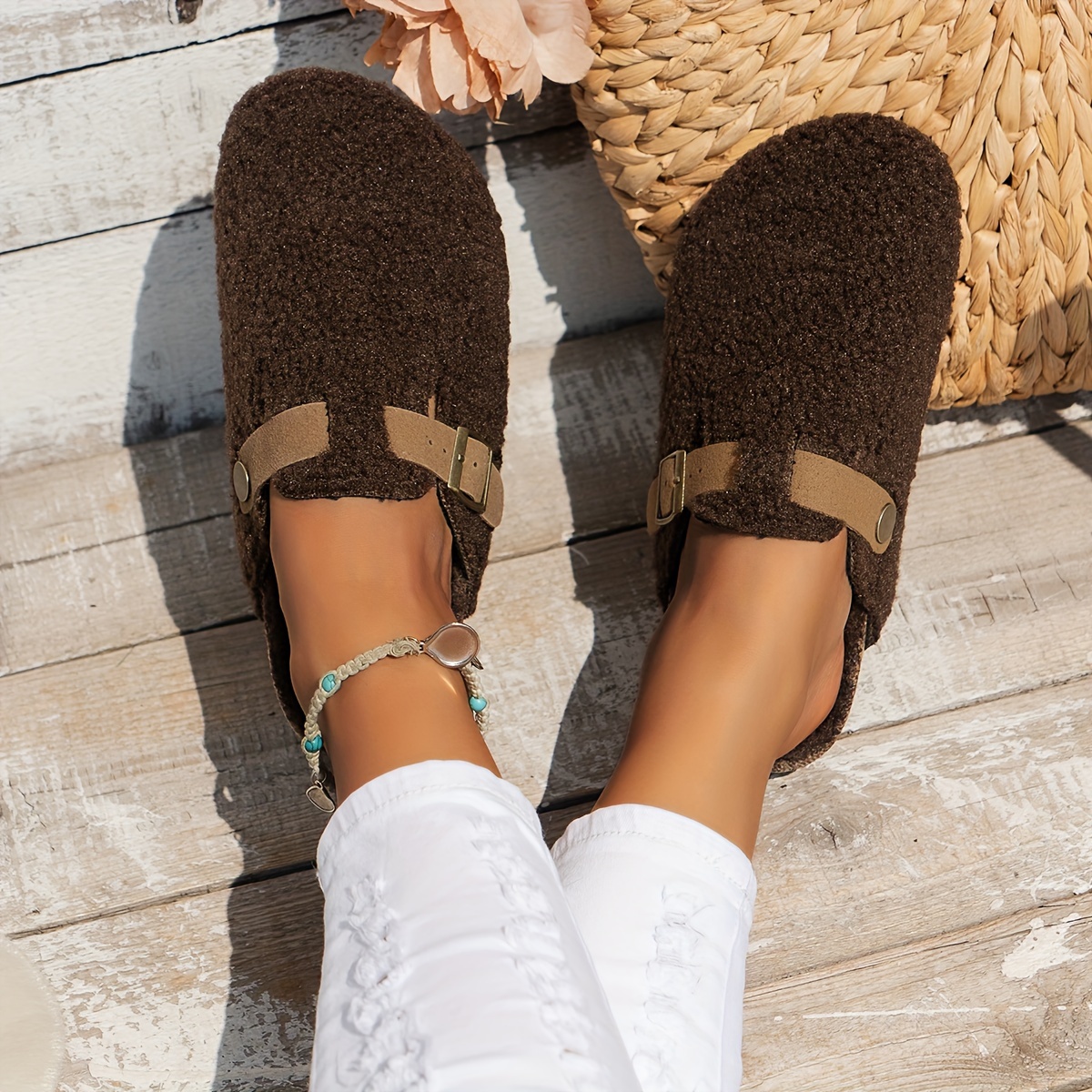 womens solid color fuzzy mules slip on soft sole lined warm shoes winter non slip plush shoes details 11