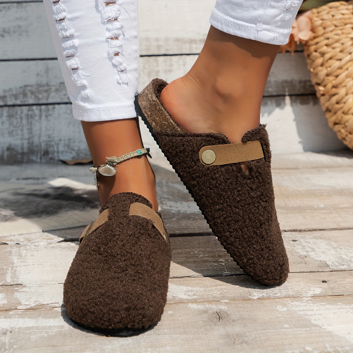 womens solid color fuzzy mules slip on soft sole lined warm shoes winter non slip plush shoes details 13